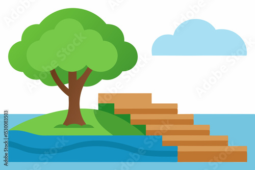 Charming Riverbank Animation Video Background with Large Tree Vector Illustration