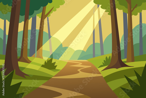 Tranquil Trail Animation Video Background Through Peaceful Cartoon Woods Vector