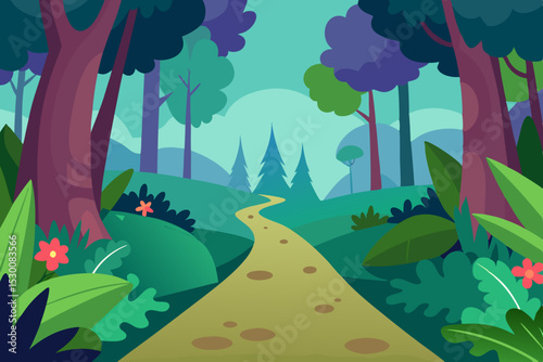 Enchanting Forest Trail Animation Video Background with Cartoon Plants Vector