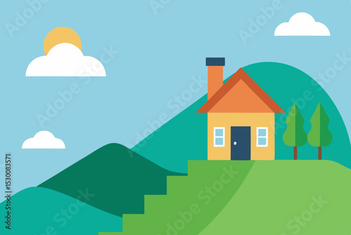 Charming Hillside Home Animation Video Background with Scenic View Vector