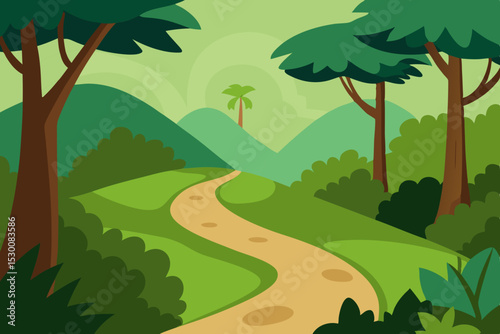 Tranquil Trail Animation Video Background Through Dense Cartoon Jungle Vector