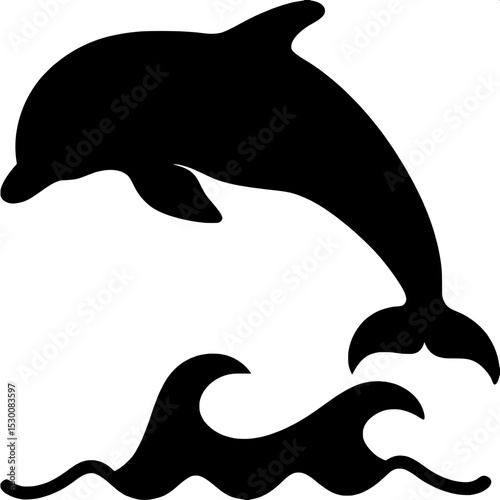 "A black silhouette of a dolphin leaping out of the water against a white background, shown in mid-air with a curved body and arched tail, facing to the right. The design is clean and graphic, with no