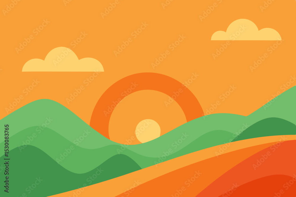 Fototapeta premium Serene Cartoon Hills Animation Video Background with Orange Sky Vector Art