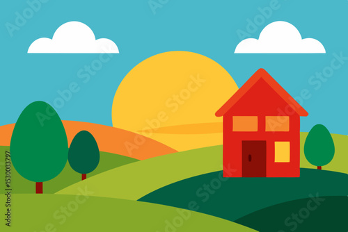 Vibrant Countryside Scene Animation Cartoon Video Background with House Vector