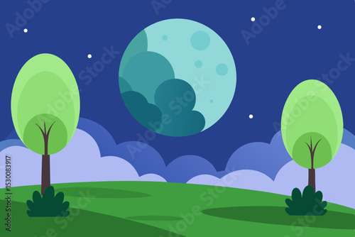 Enchanting Fantasy Lawn Animation Cartoon Video Background with Moon Vector