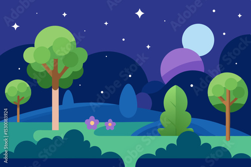 Tranquil Quiet Night Garden Animation Cartoon Video Background with Stars Vector
