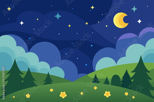 Enchanting Magical Night Cartoon Meadow Animation Video Background Vector