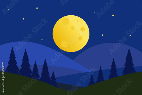 Radiant Bright Cartoon Moon Animation Video Background Over Hills Vector