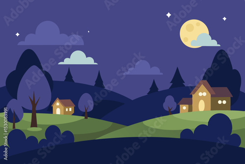 Quiet Calm Night Cartoon Village Field Animation Video Background Vector