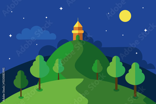 Peaceful Illustrated Hilltop Animation Cartoon Video Background with Trees Vector