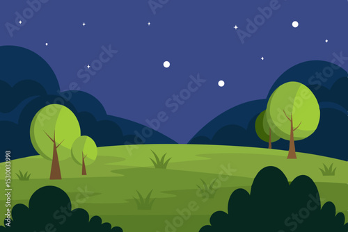 Tranquil Grassy Night Cartoon Animation Video Background with Bushes Vector