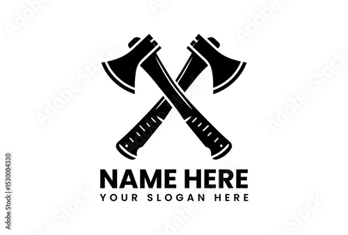 Traditional crossed axes in bold black silhouette vector logo representing wilderness strength and craftsmanship