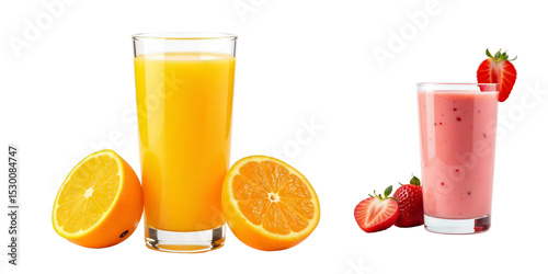 Two healthy fruit drinks: Classic orange juice and a creamy strawberry smoothie.
