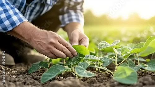 Farmer's Hands Gently Examining Young Soybean Plants in a Lush Field