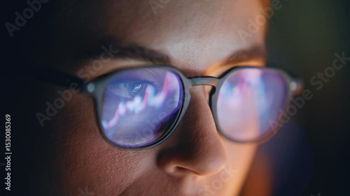 Diagrams woman glasses reflection closeup. Market trader face looking charts