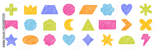 Abstract geometric shapes and forms, chalk pencil doodle set. Crayon modern figures, brush crown, star, heart in sketch style. Hand drawn vector illustration isolated on white background