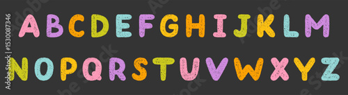 Crayon alphabet doodle set. Chalk pencil font, school wax kid letters in sketch style. Hand drawn vector illustration isolated on black background.