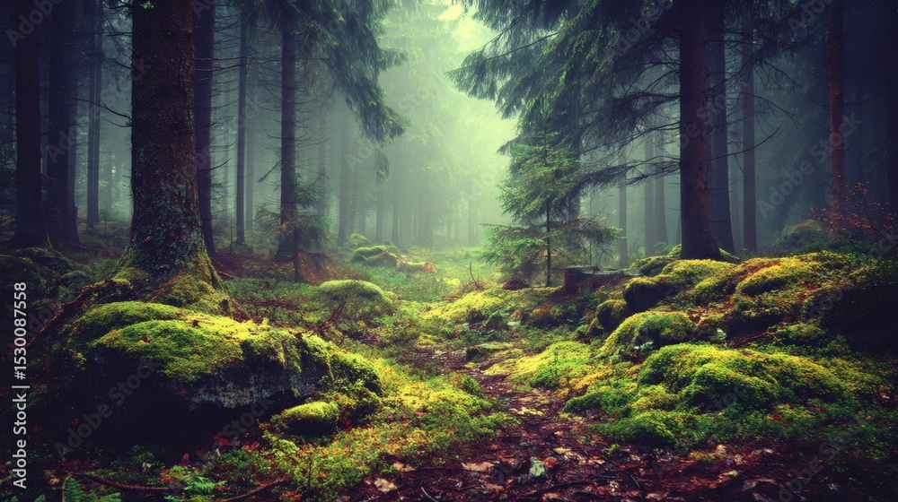 Obraz premium Forest Path with Green Moss and Tall Trees