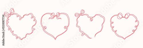 Coquette ribbon frames with bow in heart shapes. Whimsical lace borders in simple crayon and sketch style. Trendy art for bachelorette party and wedding invitations. Flourish vector illustration