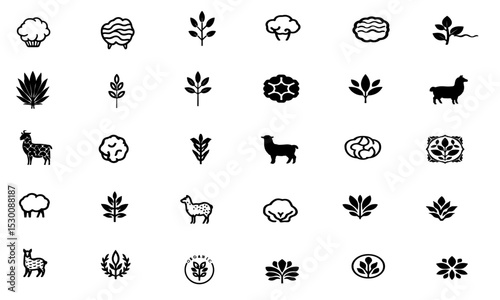 Material Composition Icons, Black Silhouette– Vector Glyphs of Cotton, Wool, Silk, Hemp, Alpaca 