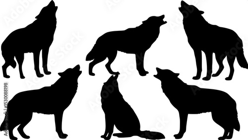 "Illustrate a set of five stylized black wolf silhouettes in various poses for use in a nature-themed logo or brand identity. Keep the composition clean and minimalist, emphasizing the distinct form o