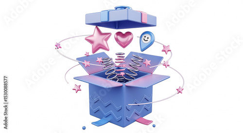 Surprise box opening with heart, star, and location icon on white background