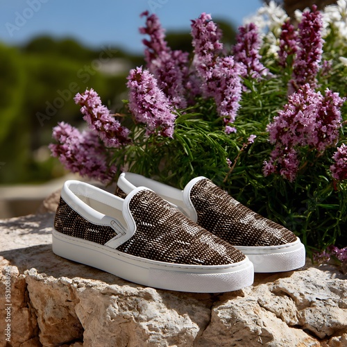 Slip-on shoes, taupe patterned canvas, white soles,  on rock outcrop, amongst lilac flowers