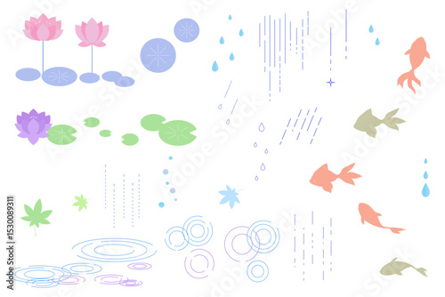 雨と花と蓮のシンプルなあしらいのイラストセット