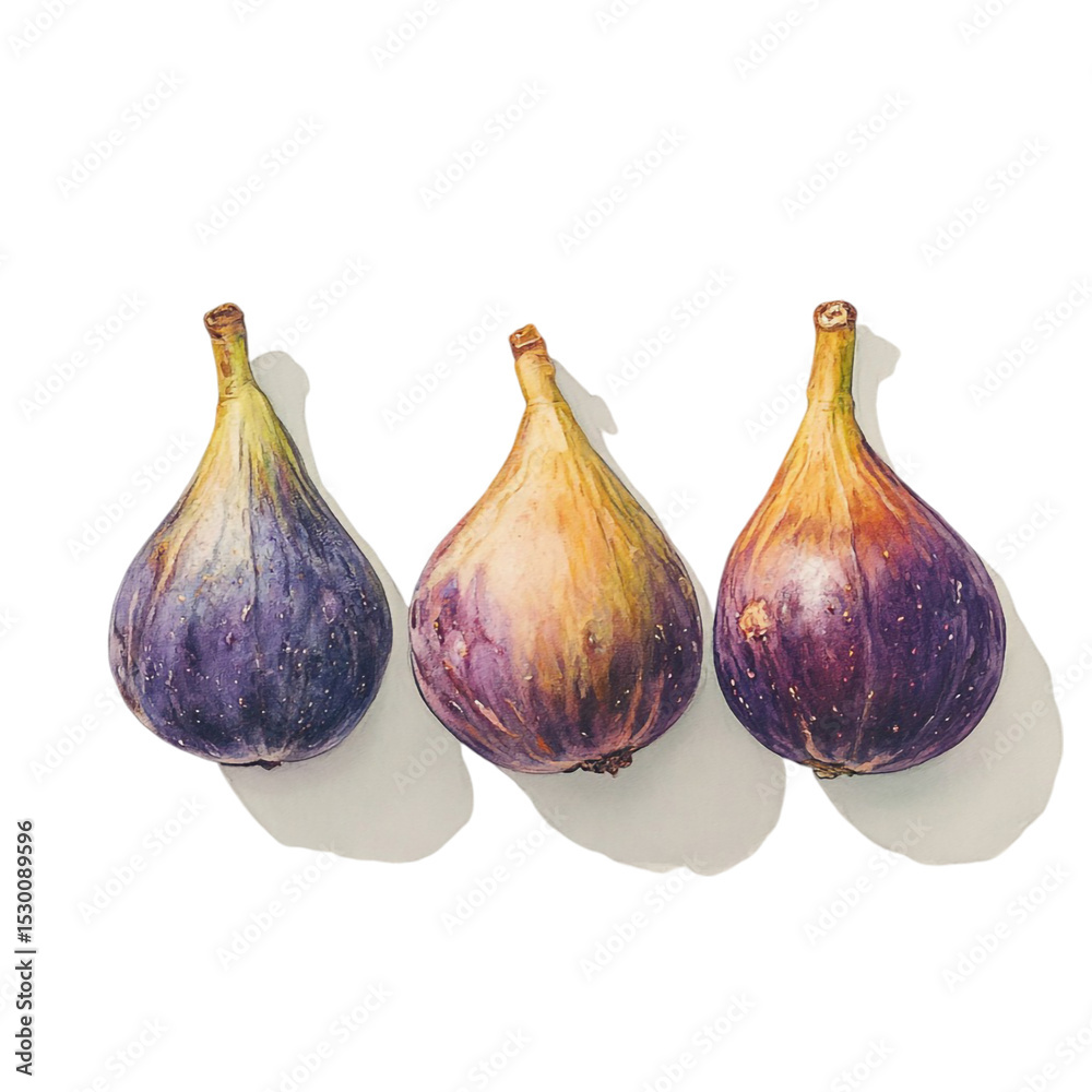 Obraz premium Three ripe purple figs arranged in a row on a light background watercolor painting
