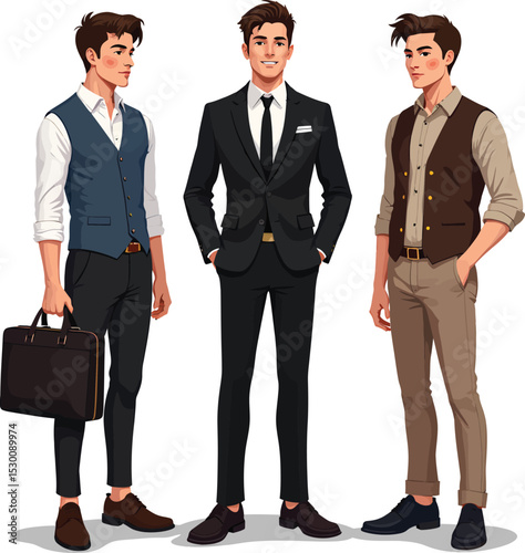 Professional men fashion styles cartoon characters in suits and vests for business and casual wear
