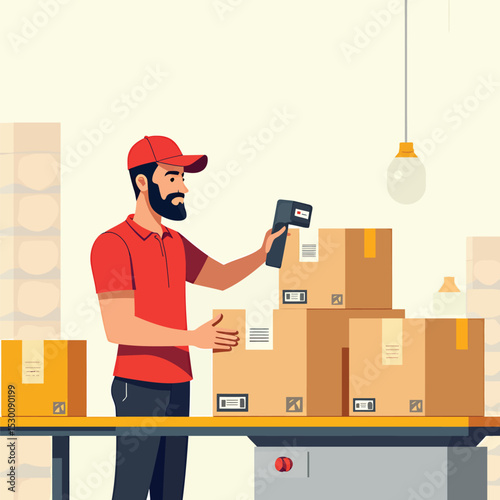Delivery man scanning packages for shipping and logistics with barcode scanner in warehouse setting