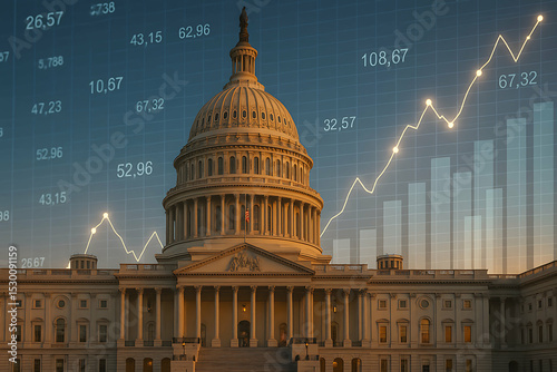 financial data, government building. The US Capitol building is shown with overlaid financial charts and data, symbolizing government and economic trends.