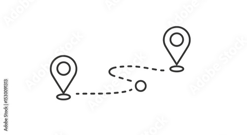 Simple route map icon with two location pins and dotted line isolated on white background