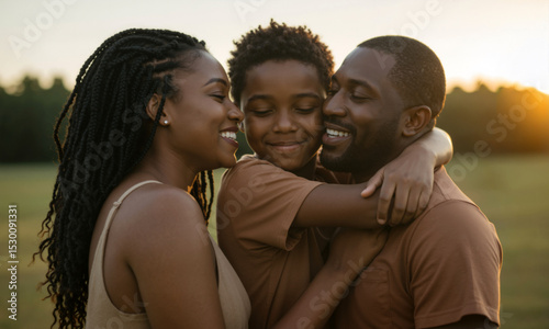 Loving Black family hugging outdoors at sunset. African American mother, father, and son in warm light embracing. Loving parents.