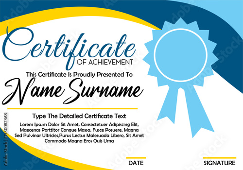 Template awarded certificate.modern certificate with blue badge.