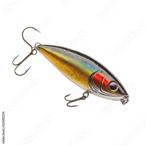 Fishing lure close up view shiny metallic colors sharp hooks realistic design photo