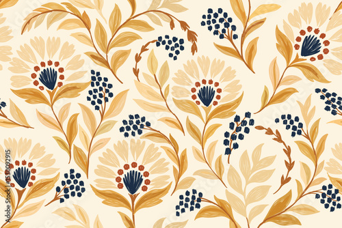 Damask floral pattern in ethnic ikat embroidery style with hand-drawn leaves and flowers in beige, navy and rust tones, seamless background for textiles, decor, prints, and fashion.