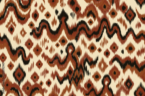 Tribal ikat pattern with abstract ethnic motifs and bold zigzag shapes in earthy rust, black and beige tones, seamless textile design for fabric, wallpaper, backgrounds, and home decor.