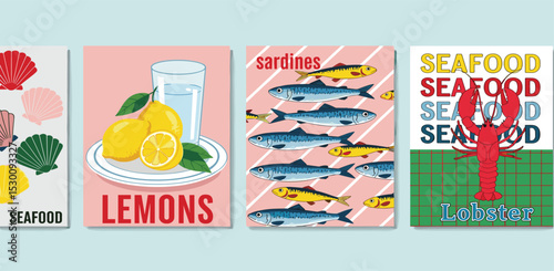Сollection of cute summer Mediterranean posters, cards templates with lemons, seashells, sardines pattern, lobster and seafood typography design. Trendy summer design for branding, ads, print, ...