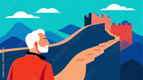An elderly man gazing in awe at a virtual tour of the Great Wall of China imagining the millions of people who have walked its path over thousands of years.. Vector illustration