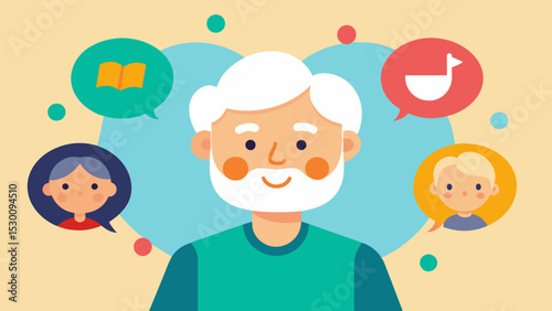 An elderly person with aphasia using their creativity and imagination to tell stories through art music or other nonverbal forms of communication with their grandchildren.. Vector illustration
