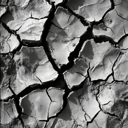 Cracked parched earth shows intricate patterns of dryness and desolation, evoking sense of stark