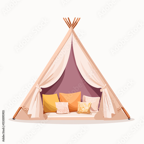 Boho-style tent with soft pillows in warm hues, inviting atmosphere created by draped fabric and wooden poles, perfect for cozy gatherings and relaxation
