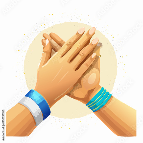 Two hands clapping together during a beach volleyball match, showcasing sporty bracelets and sand particles frozen in motion, capturing the excitement of the game