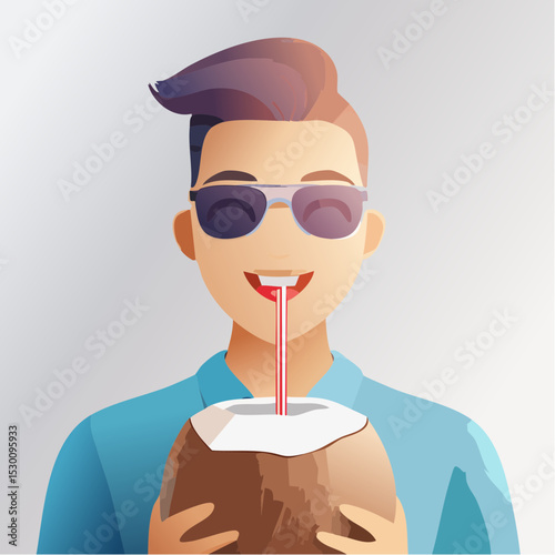 Asian man wearing sunglasses is enjoying a refreshing coconut drink with a straw, smiling brightly, showcasing a relaxed and cheerful summer vibe in a vibrant illustration