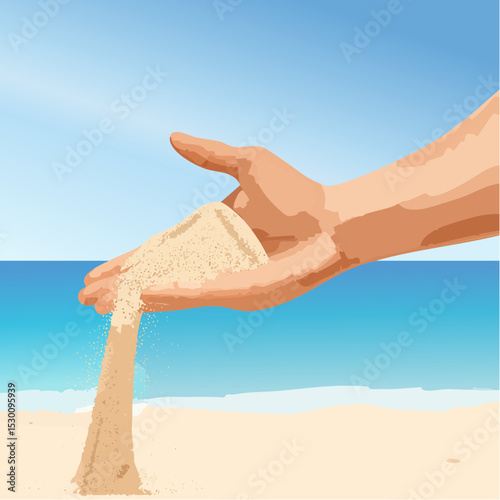 Hand releasing fine sand into the air, with a serene beach and ocean in the background, illustrating the concept of time passing and vacation freedom