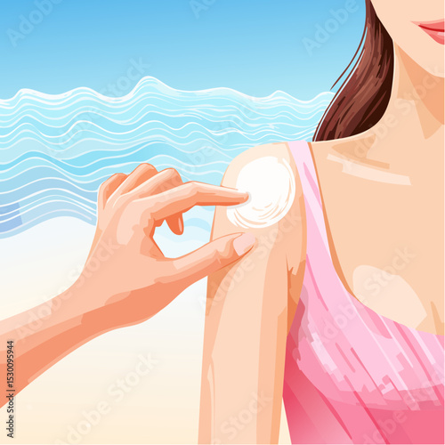 Hand applying sunscreen on shoulder of woman in pink top at beach, with ocean waves in background, promoting sun protection and skincare awareness during summer activities