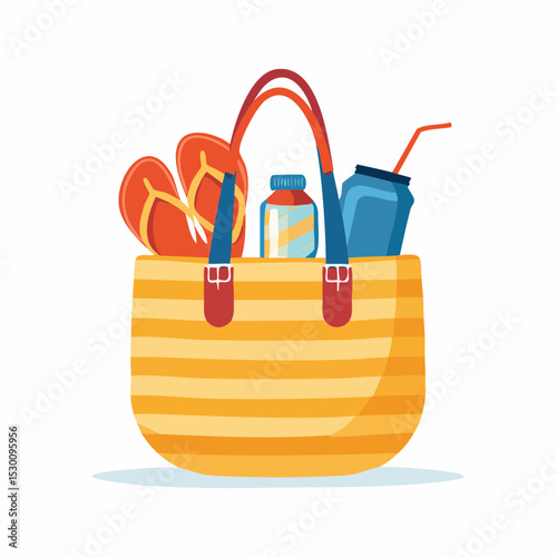 Colorful striped beach bag filled with flip-flops, a drink can, and a jar, perfect for summer outings and vacations, showcasing vibrant summer essentials and leisure activities