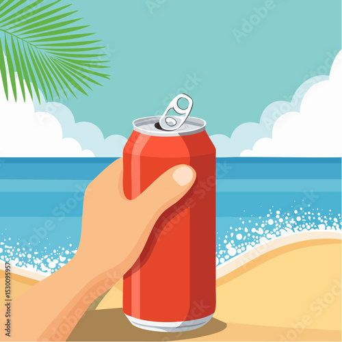 Hand holding a red soda can with a pull tab, set against a vibrant beach scene featuring ocean waves, sandy shore, and palm leaves, evoking a refreshing summer vibe