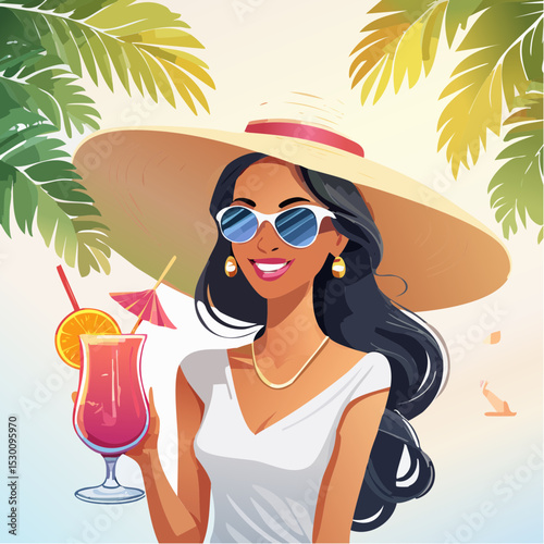 Tanned Caucasian woman wearing a wide-brimmed hat and sunglasses, holding a colorful cocktail, surrounded by tropical palm leaves, enjoying a sunny day at the beach with vibrant atmosphere